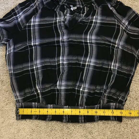 Black & White Plaid Rayon Ruch Waist Crop Top - Picture 13 of 15